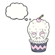 spooky skull cupcake cartoon with thought bubble N8