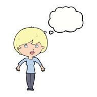 cartoon woman shrugging shoulders with thought bubble N395