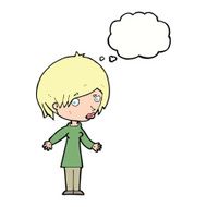 cartoon woman shrugging shoulders with thought bubble N396