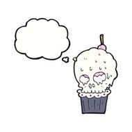 cartoon spooky skull cupcake with thought bubble N8
