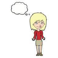 cartoon woman shrugging shoulders with thought bubble N397
