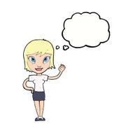 cartoon woman waving with thought bubble N278