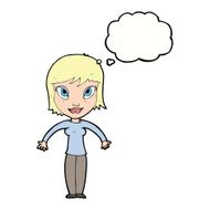 cartoon woman shrugging shoulders with thought bubble N398