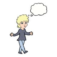 cartoon woman shrugging shoulders with thought bubble N399