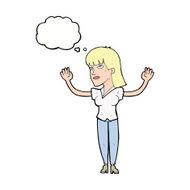 cartoon woman throwing hands in air with thought bubble N9