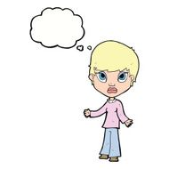 cartoon woman shrugging shoulders with thought bubble N400