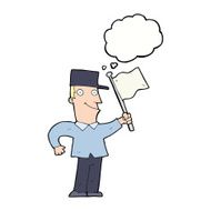 cartoon man waving flag with thought bubble N9