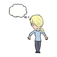cartoon woman shrugging shoulders with thought bubble N401