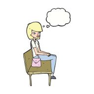 cartoon woman sitting on bench with thought bubble N9