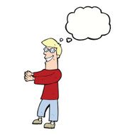 cartoon grinning man wearing glasses with thought bubble N9