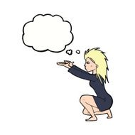 cartoon woman casting spel with thought bubble