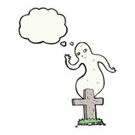 cartoon ghost rising from grave with thought bubble N18