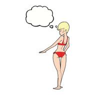 cartoon bikini woman with thought bubble