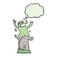 cartoon ghost rising from grave with thought bubble N19