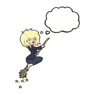 cartoon witch riding broomstick with thought bubble N17