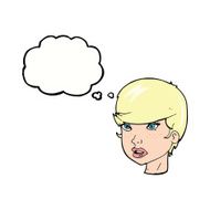 cartoon pretty female face with thought bubble N82