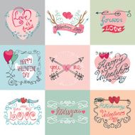 Valentine`s day calligraphy card set Frame arrows hearts