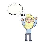 cartoon happy bearded man waving arms with thought bubble N8