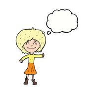 cartoon happy girl giving thumbs up symbol with thought bubble N9