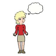 cartoon woman shrugging shoulders with thought bubble N402