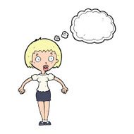 cartoon confused woman shrugging shoulders with thought bubble N8