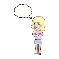 cartoon happy woman looking over with thought bubble N8
