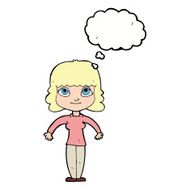 cartoon woman shrugging shoulders with thought bubble N403