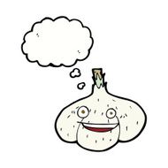 cartoon garlic with thought bubble
