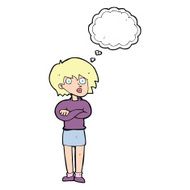 cartoon woman wit crossed arms with thought bubble N9
