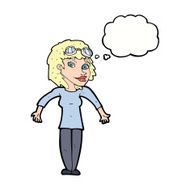 cartoon woman wearing goggles with thought bubble N9