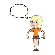 cartoon woman shrugging shoulders with thought bubble N404