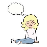 cartoon happy woman sitting on floor with thought bubble N18
