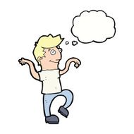 cartoon happy man doing funny dance with thought bubble N14