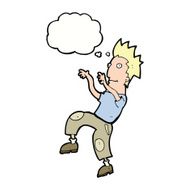 cartoon happy man doing funny dance with thought bubble N15
