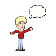 cartoon worried man reaching out with thought bubble N17