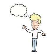 cartoon worried man reaching out with thought bubble N18