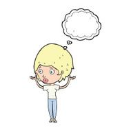 cartoon woman raising hands in air with thought bubble N17