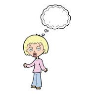 cartoon tired woman with thought bubble N26
