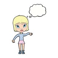 cartoon woman waving hand with thought bubble N9
