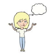 cartoon woman shrugging with thought bubble N50