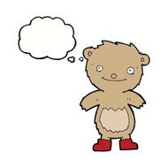 cartoon teddy bear wearing boots with thought bubble