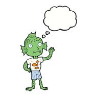 cartoon waving fish boy with thought bubble N8