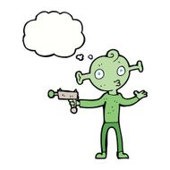 cartoon alien with ray gun thought bubble N8