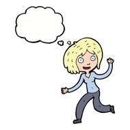 cartoon happy waving girl with thought bubble N9