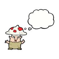 cartoon little mushroom man with thought bubble N9