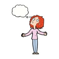 cartoon curious woman looking upwards with thought bubble N9
