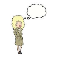 cartoon woman in trench coat with thought bubble N22