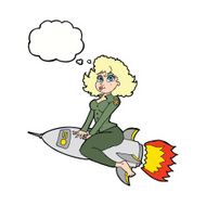 cartoon army pin up girl riding missile with thought bubble N8