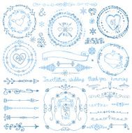 Winter doodle decor set Wreath Frame Border ribbon Hand drawn