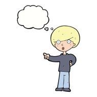 cartoon pointing boy with thought bubble N25